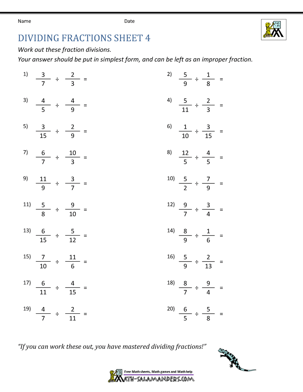 fraction division worksheet