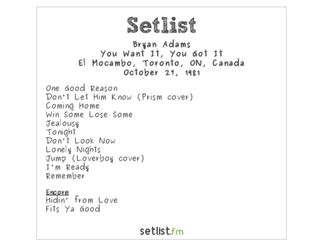 bryan adams setlist june 2023