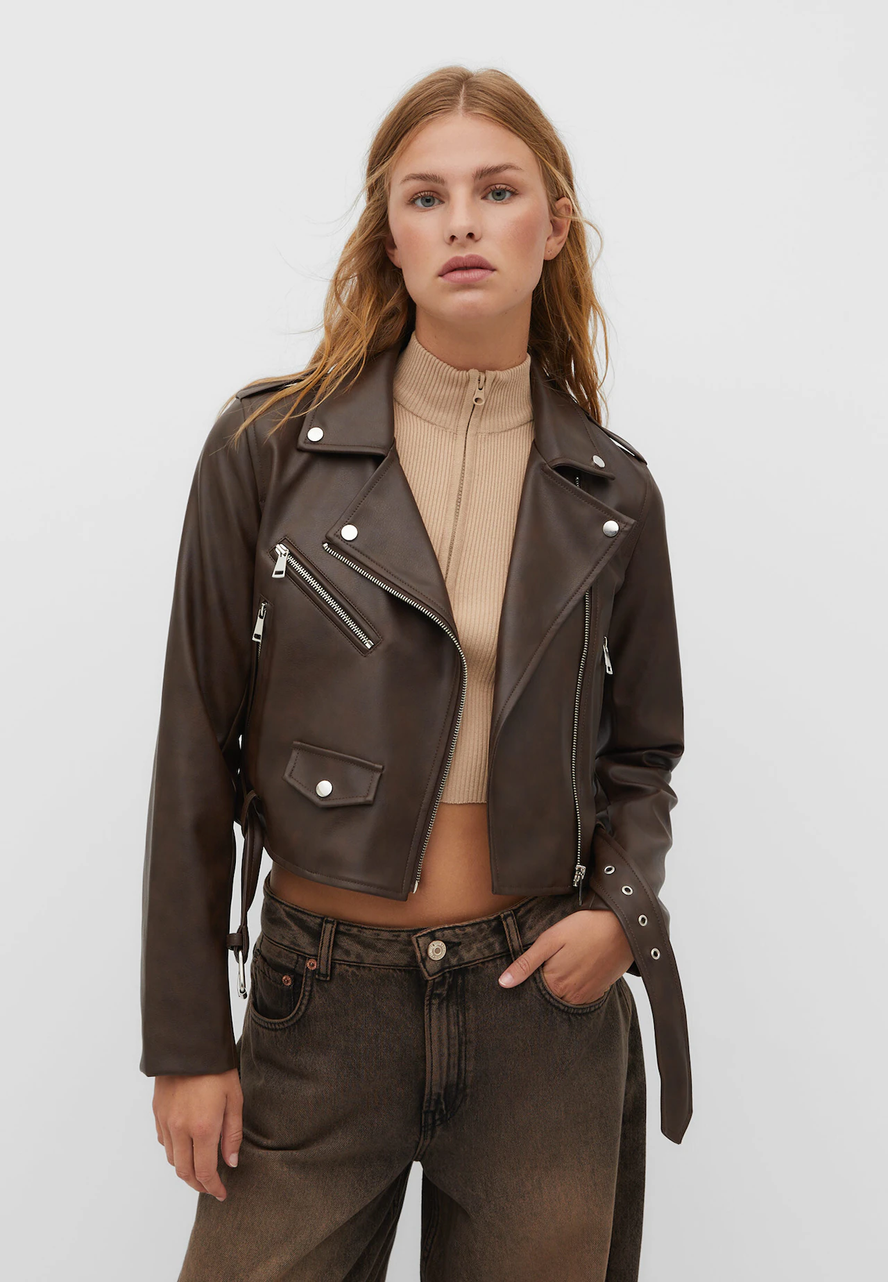 stradivarius brown leather jacket