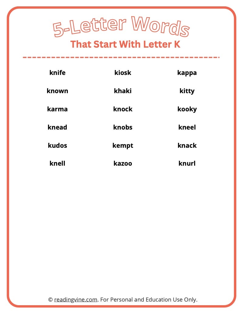 five letter words beginning with k