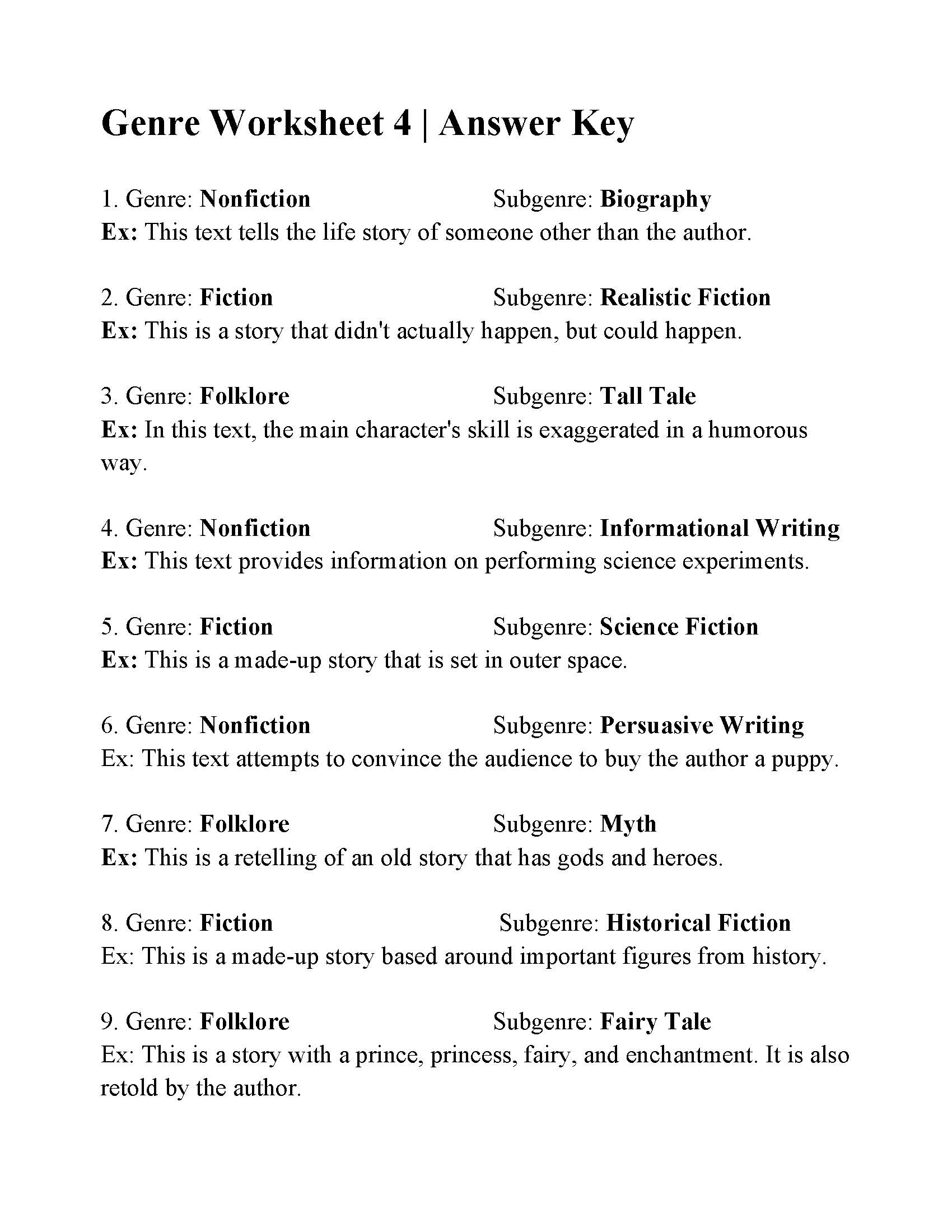 genre worksheet 1 answer key