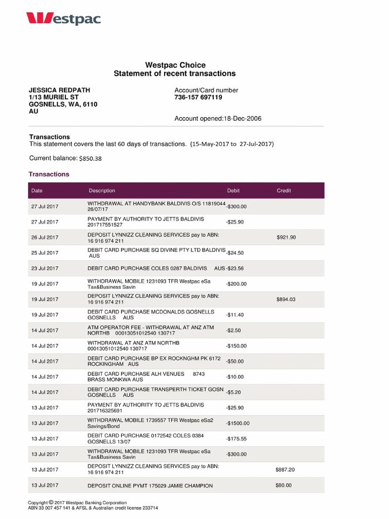 westpac bank statement