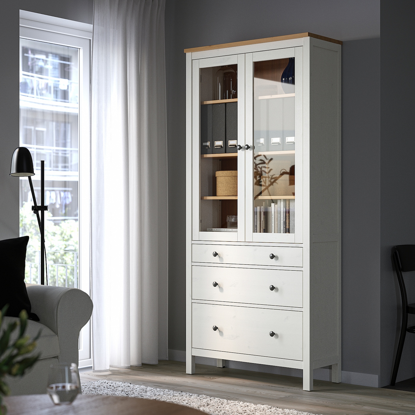 white cabinet with glass doors