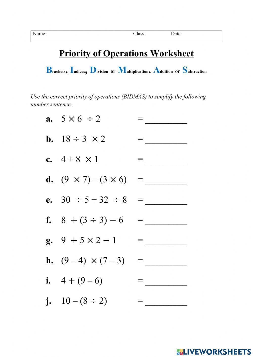 bidmas worksheets