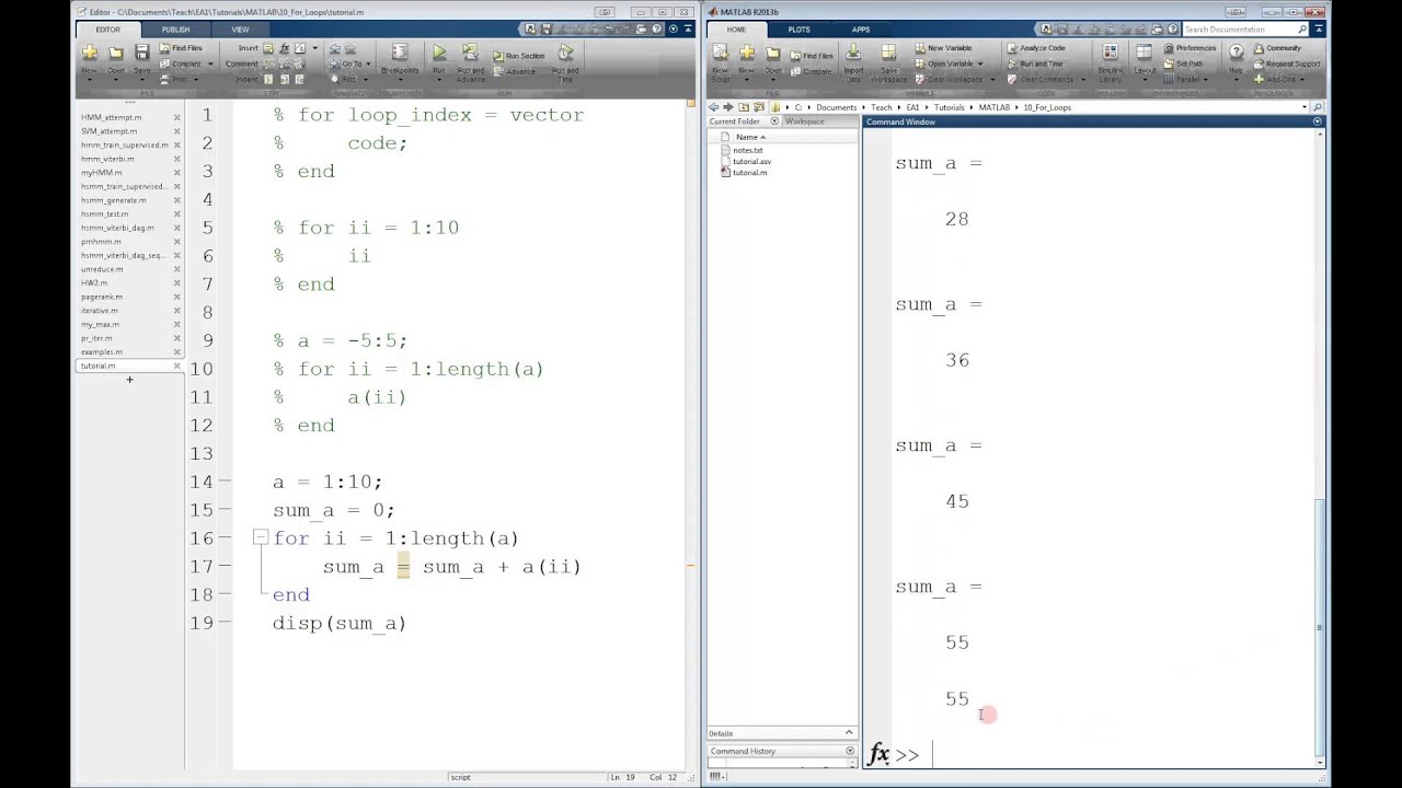 for loop in matlab