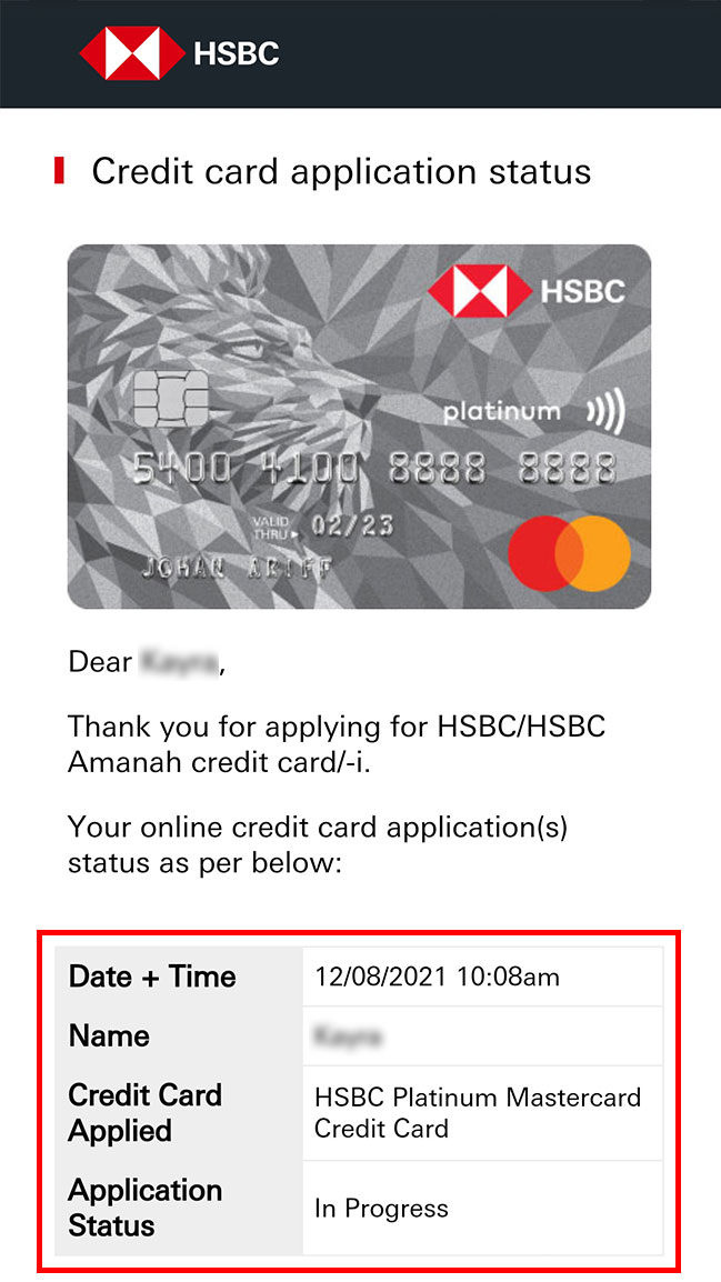 hsbc credit card application status check