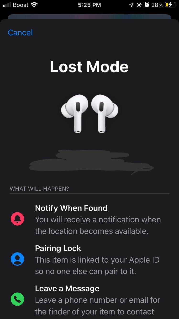 does marking airpods as lost lock them