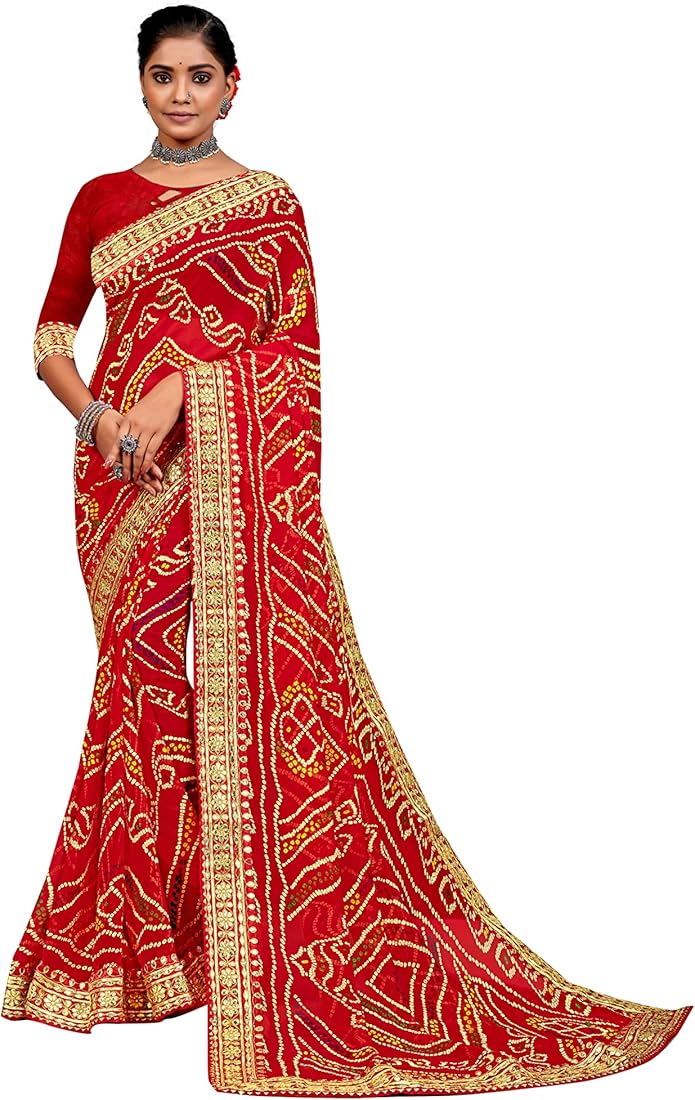 red jaipuri saree