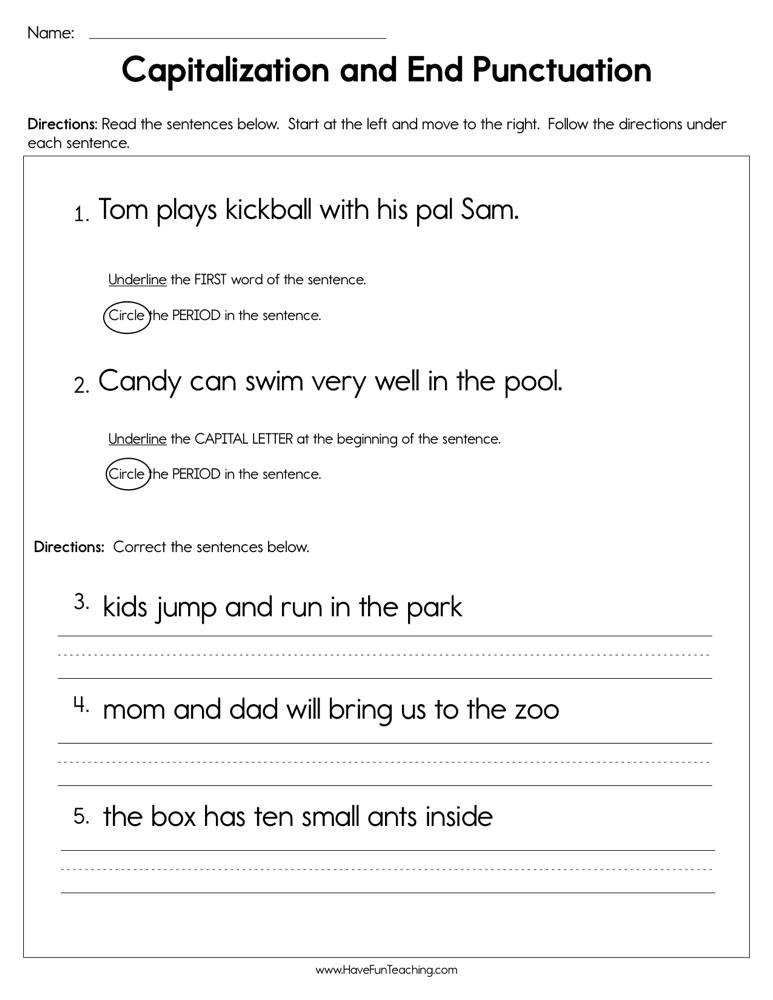 correct punctuation and capitalization worksheets