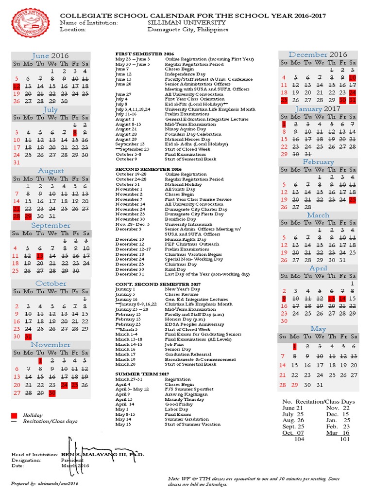 silliman university calendar