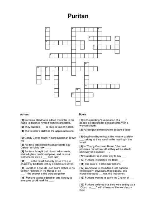 puritan crossword clue