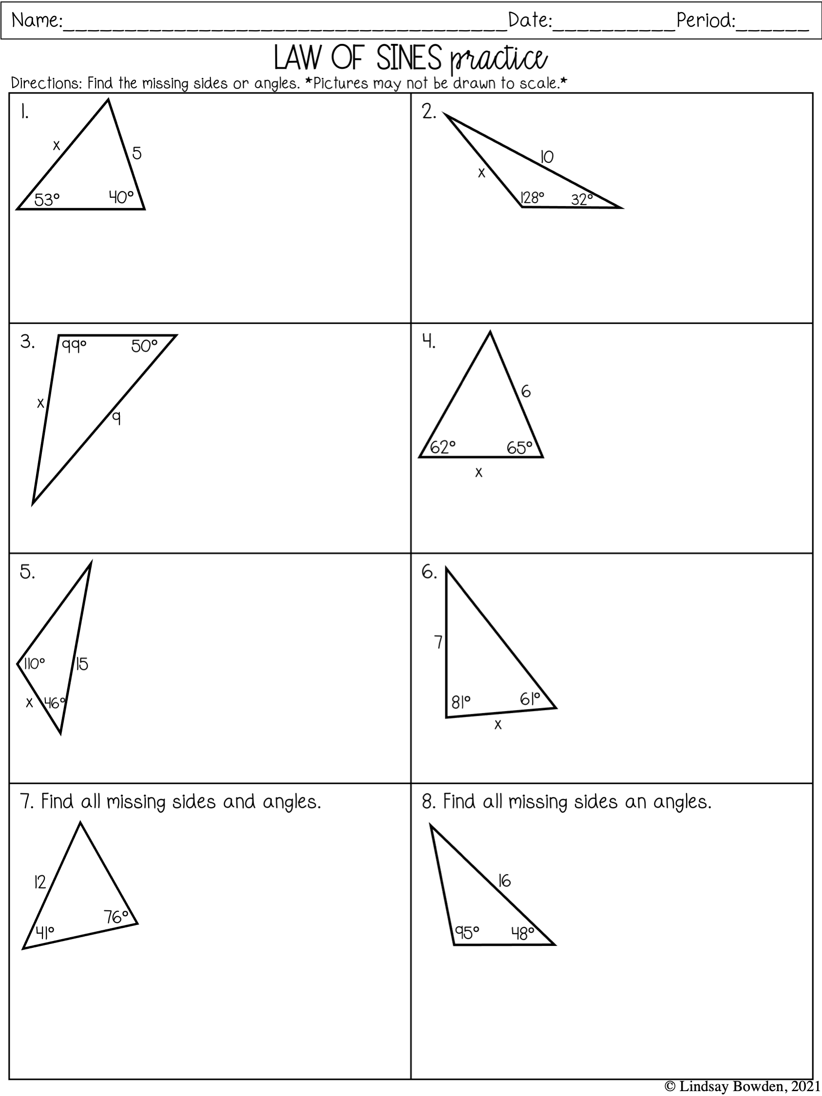 worksheet law of cosines