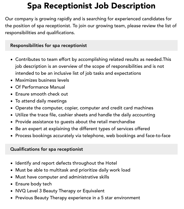 spa receptionist careers