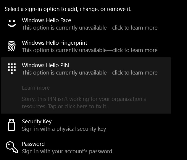 windows hello this option is currently unavailable