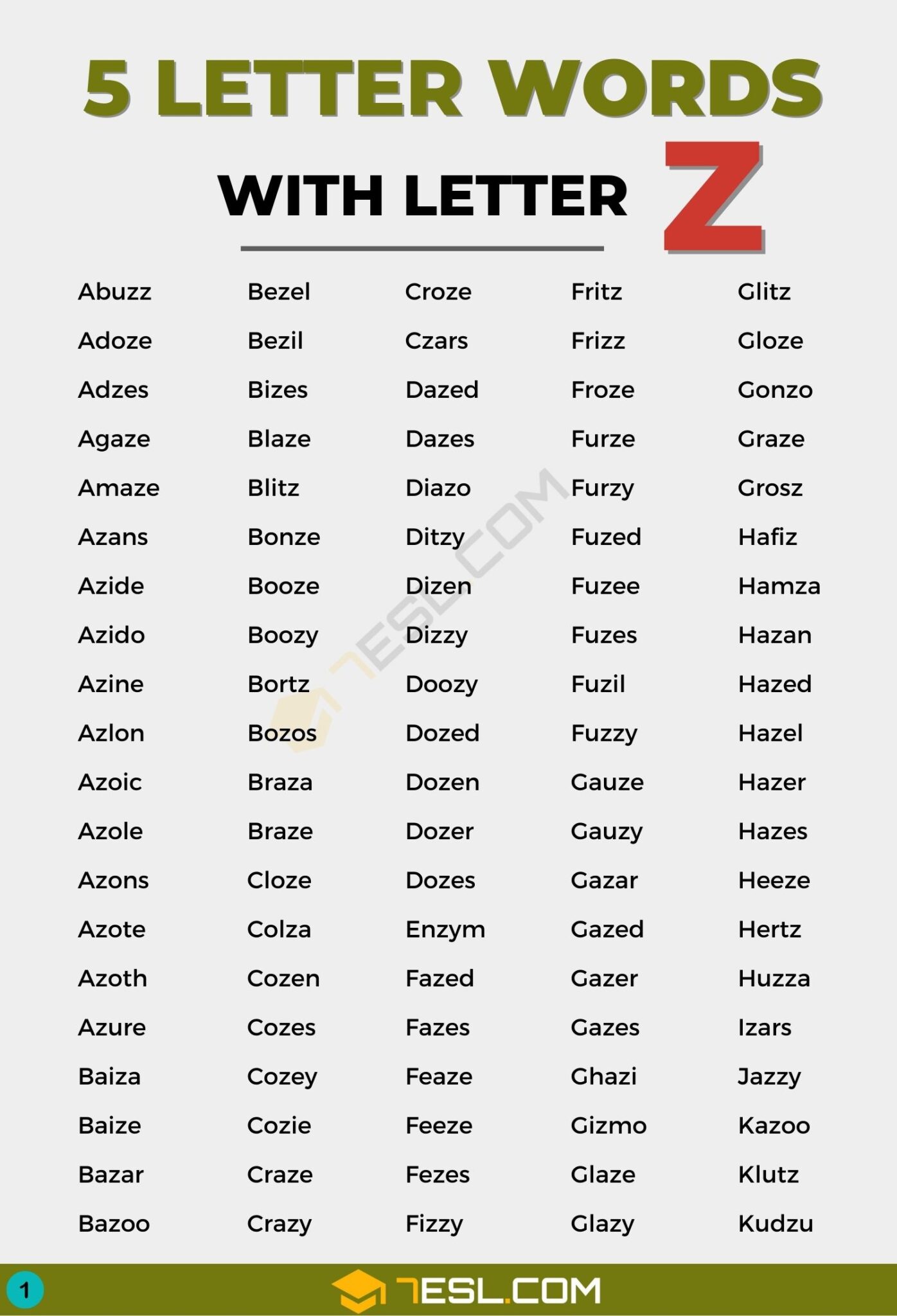 5 letter words ending in z