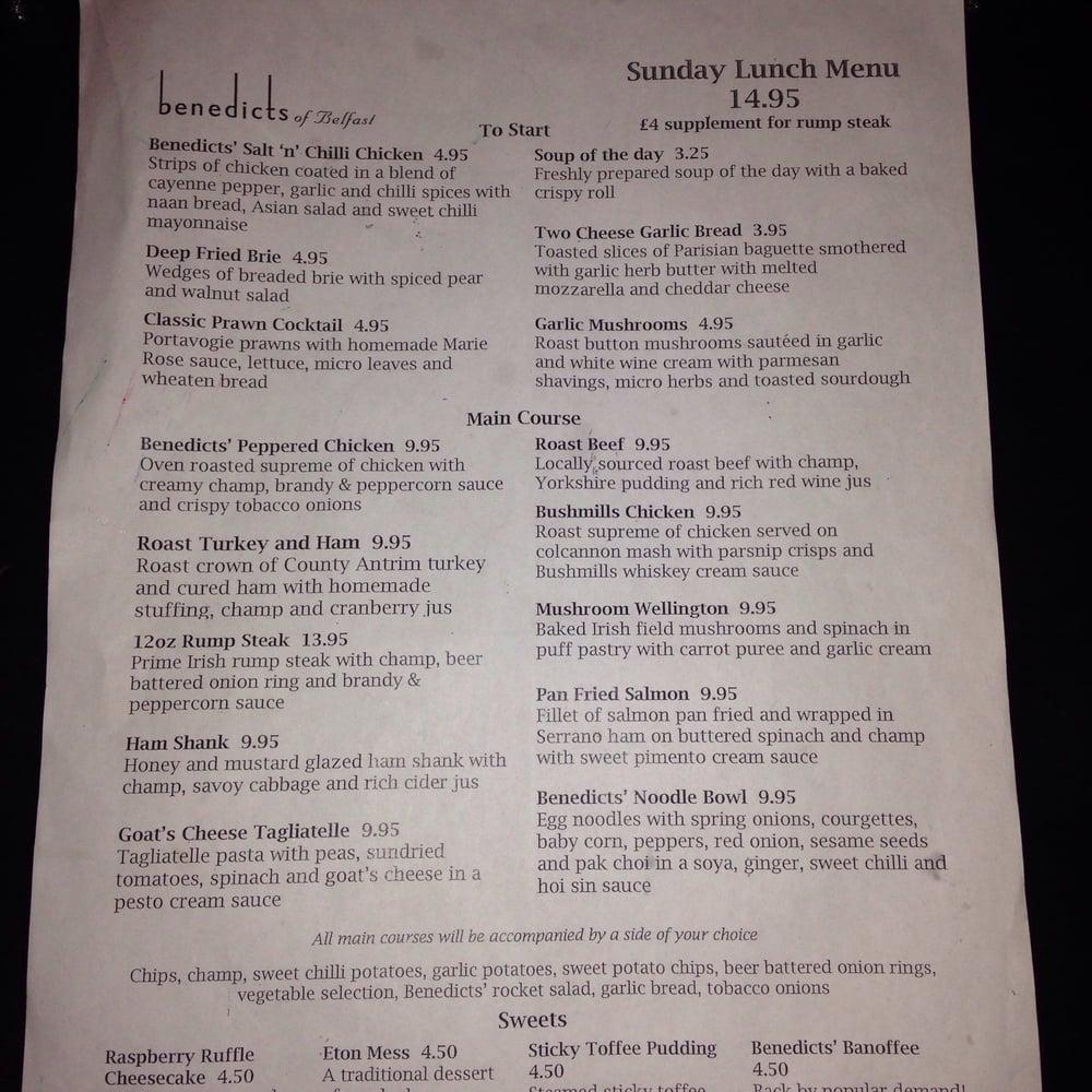 benedicts hotel menu