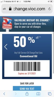 valvoline 50 percent off conventional oil change coupon
