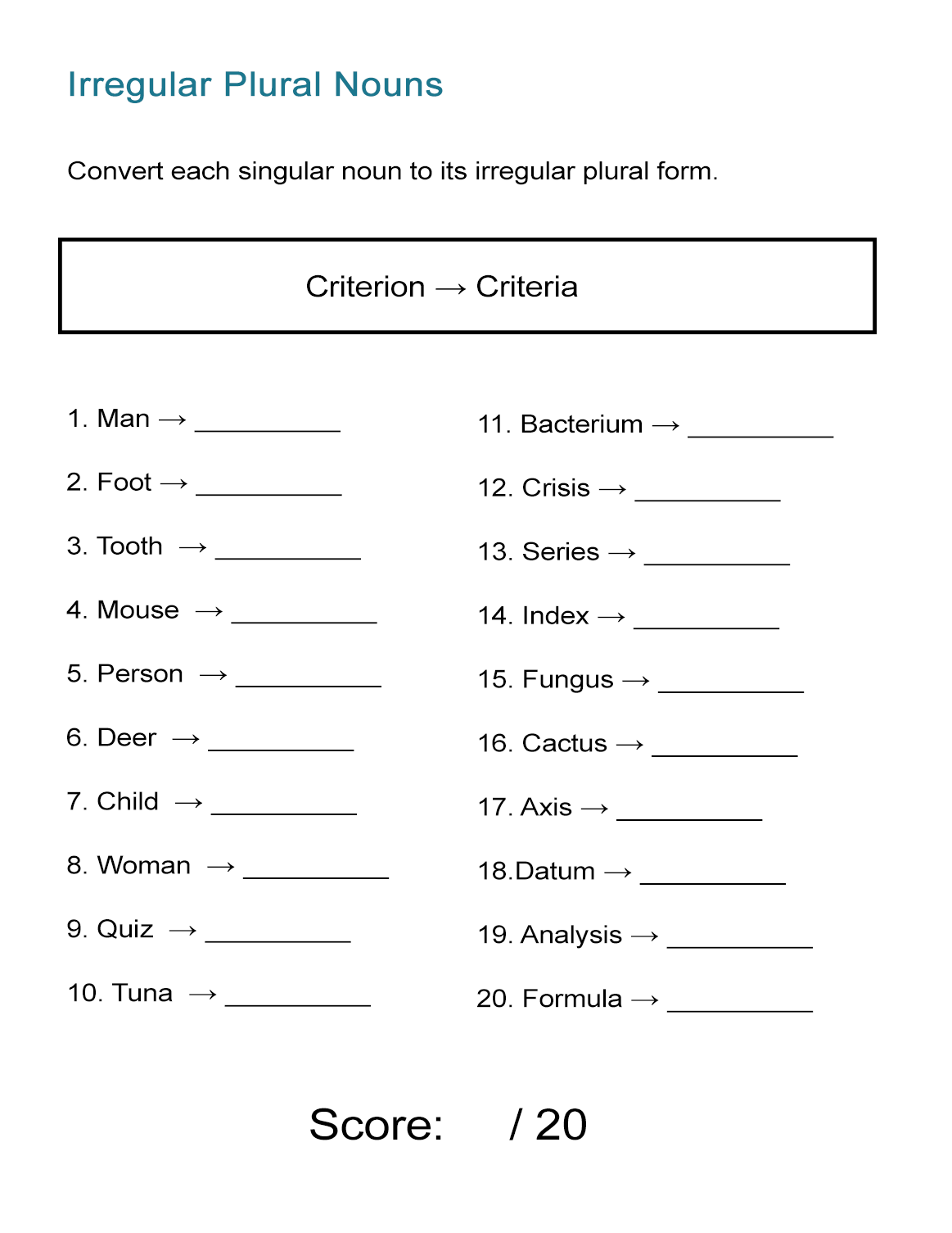 irregular plural nouns worksheet