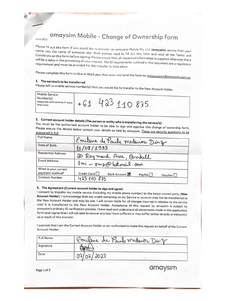 amaysim change of ownership form