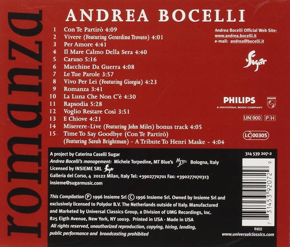 andrea bocelli romanza canciones