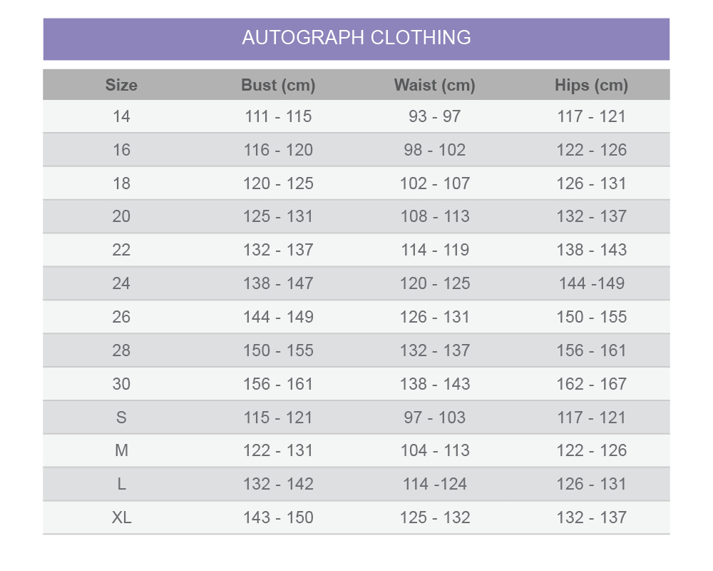 autograph clothing size chart