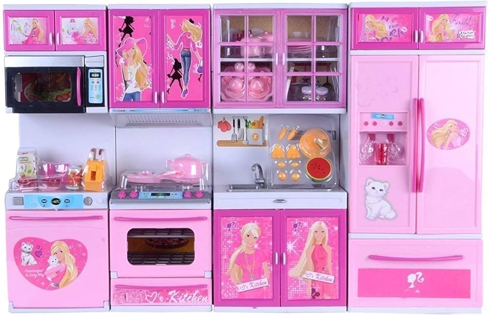 barbie doll and kitchen set