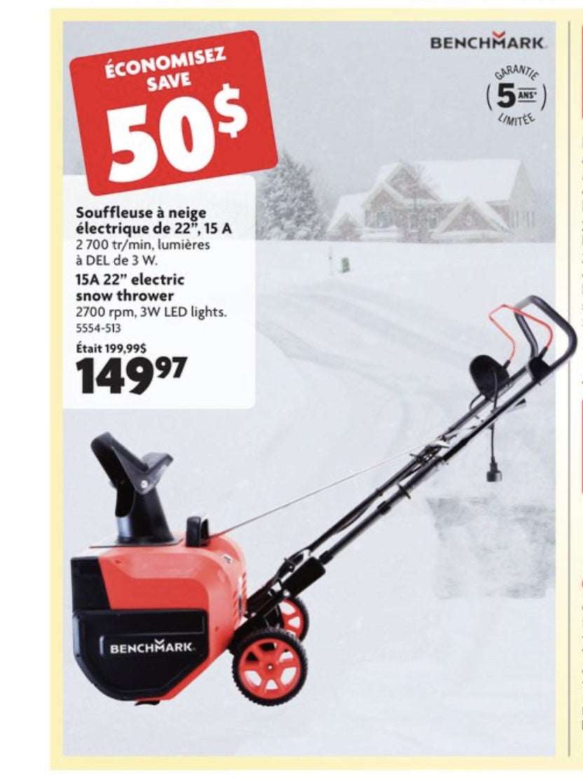 benchmark 22 electric snow blower - 15 amp