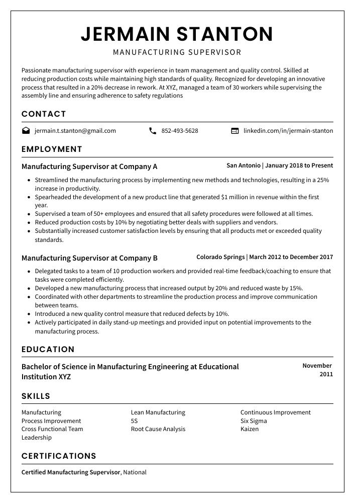 resume for manufacturing supervisor