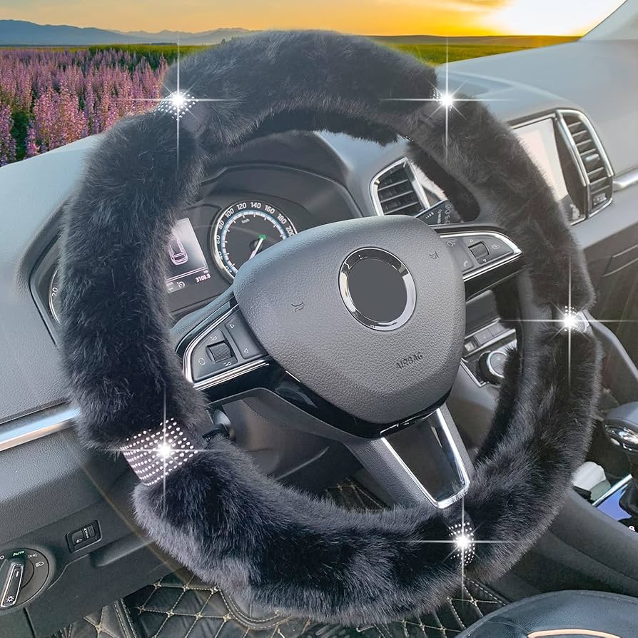 black fluffy steering wheel cover