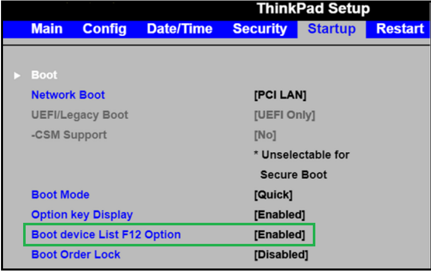 boot key for lenovo thinkpad