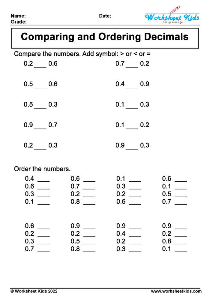 comparing decimals worksheet with answers