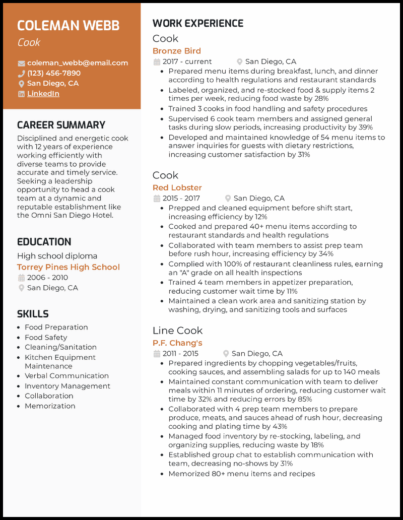 cook resume sample