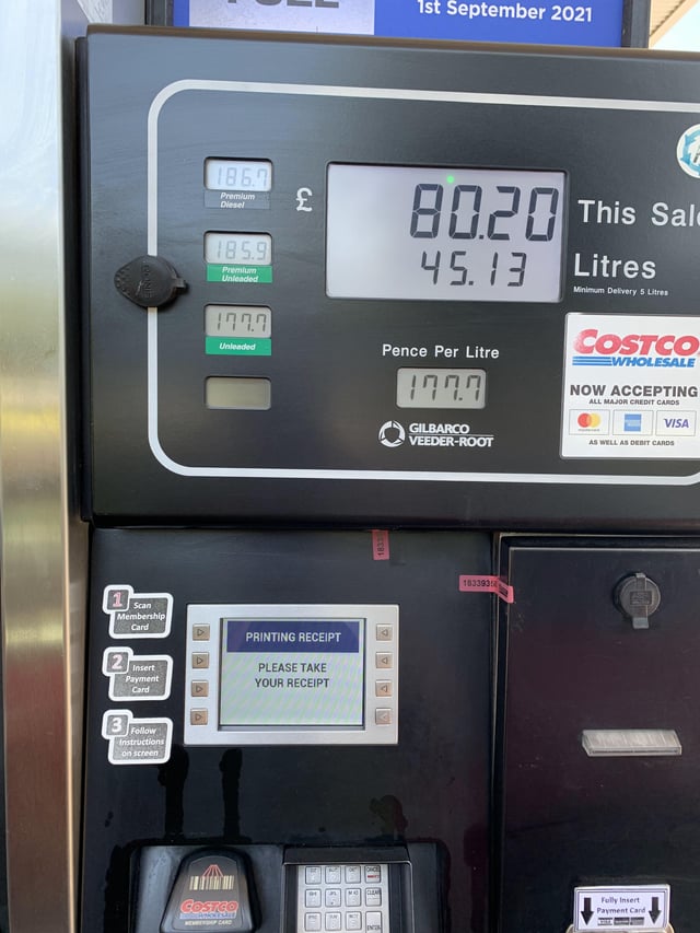 costco fuel price today 2022 uk