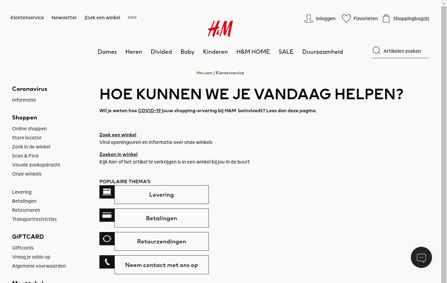 h&m klantenservice chat