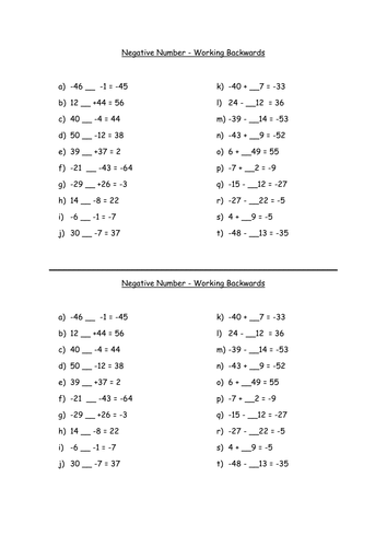 negative numbers addition and subtraction worksheet