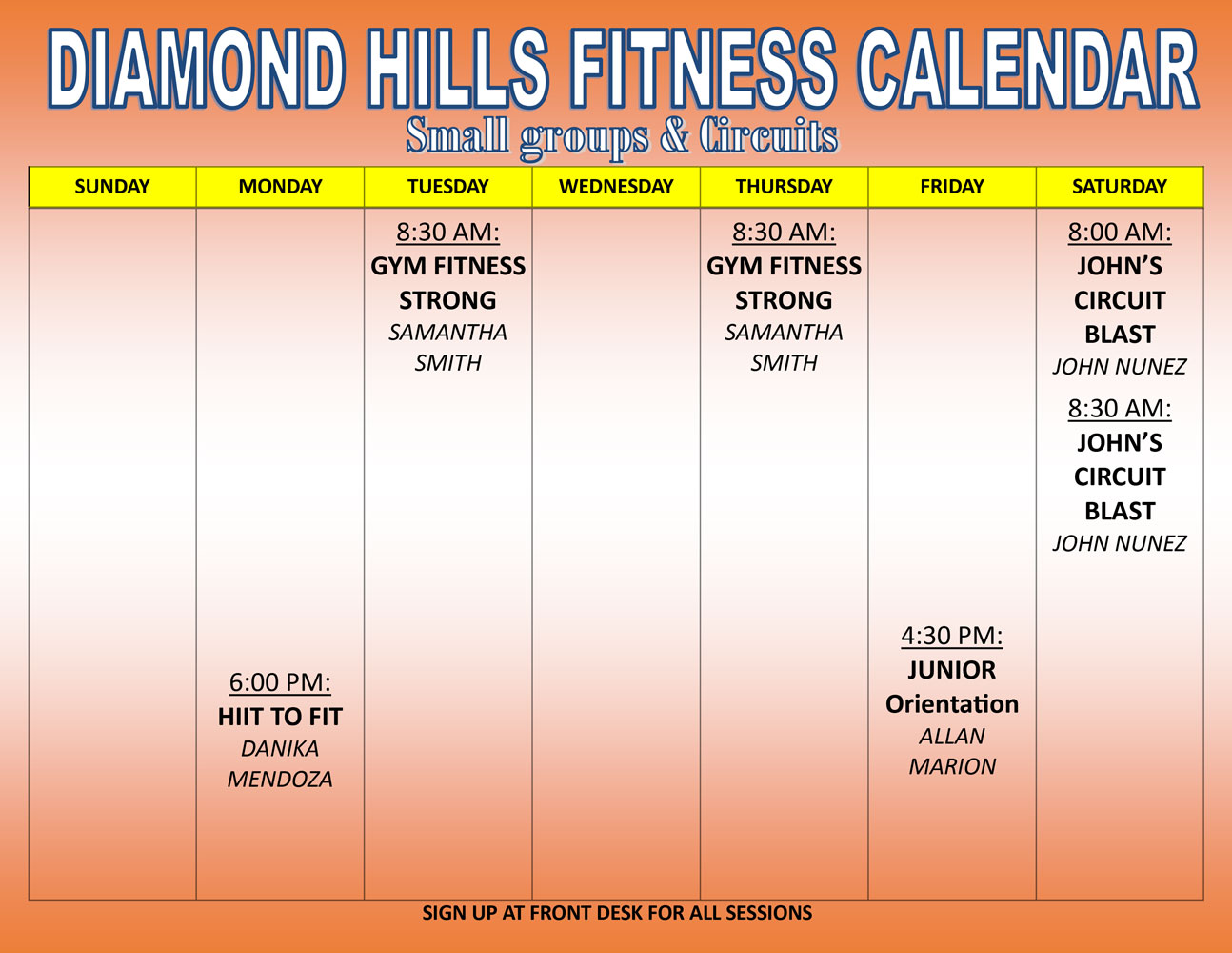 diamond hills gym class schedule