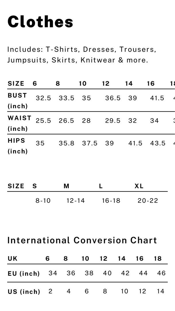 dorothy perkins pants size chart