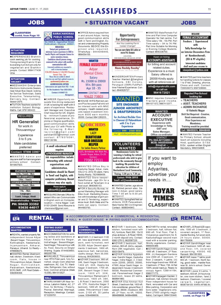 adyar times classified