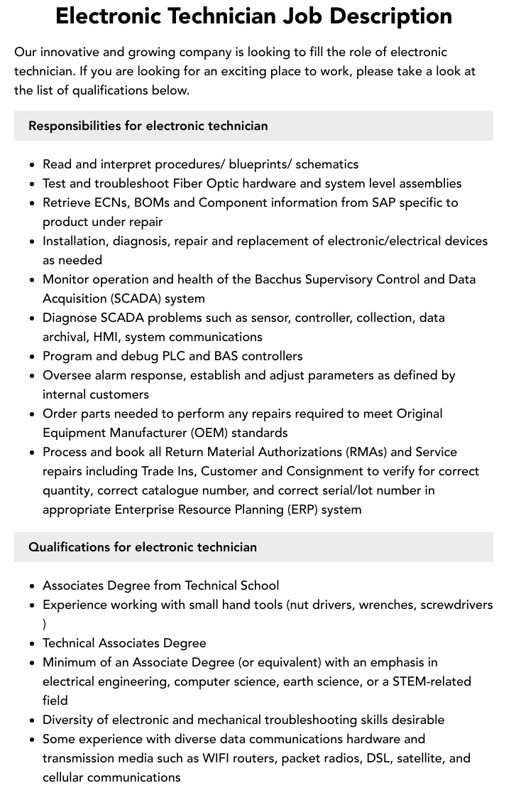 electronic technician vacancy