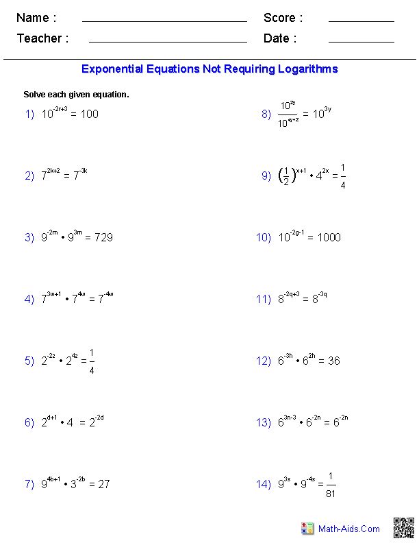 exponential quadratic equations worksheet