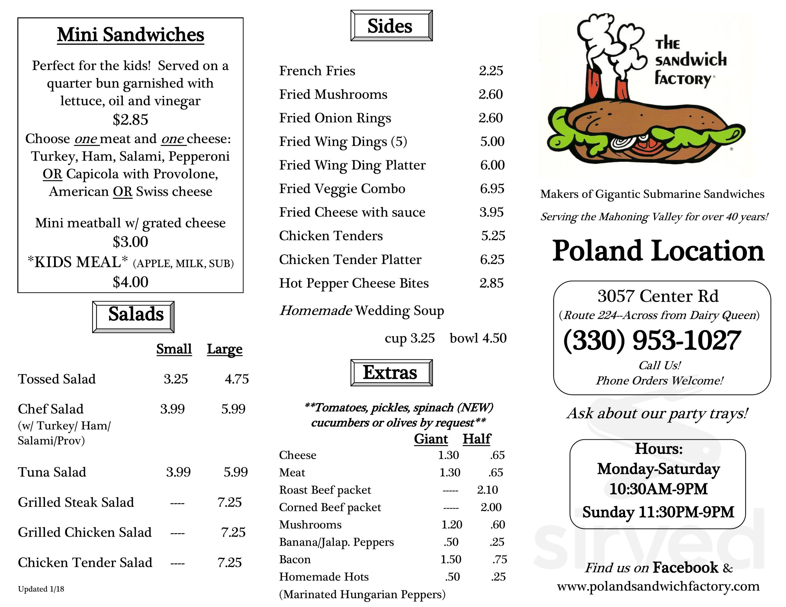 sandwich factory boardman menu