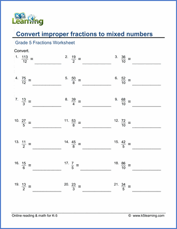 fractions improper to mixed worksheets