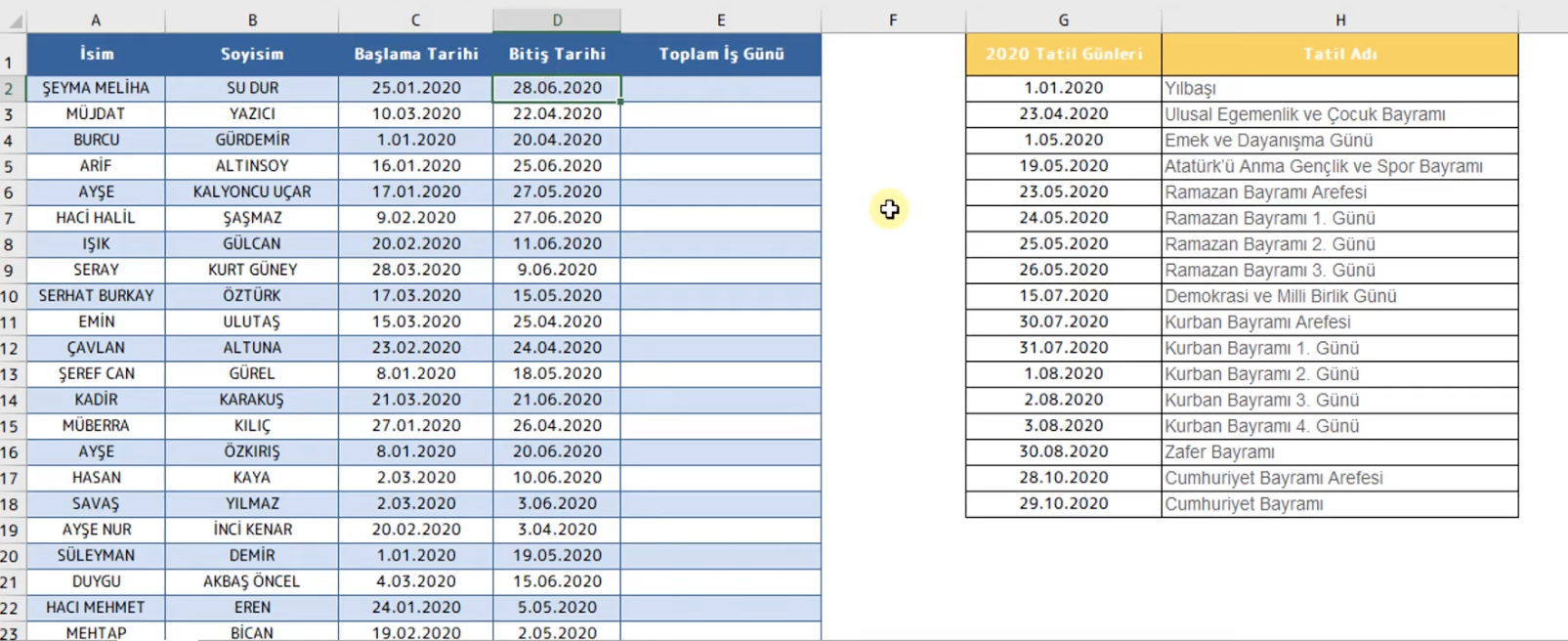 iki tarih arasındaki iş günü sayısını hesaplama excel