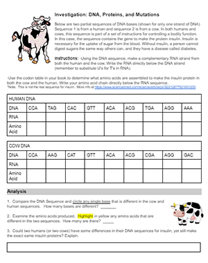 investigation dna proteins and mutations worksheet