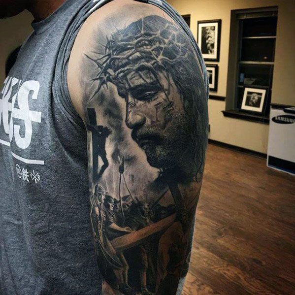 jesus arm sleeve tattoo