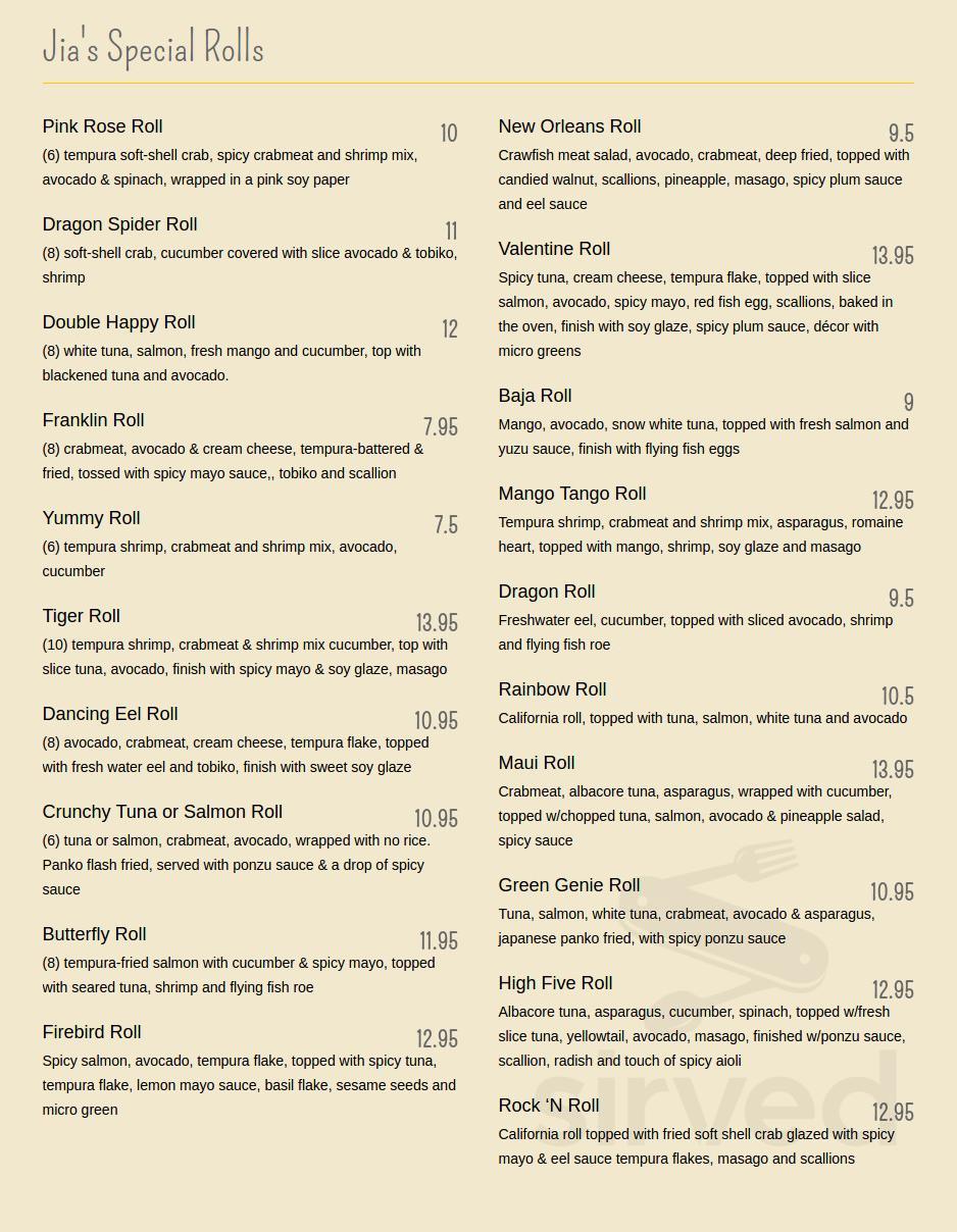 jia asian fusion & sushi bar menu