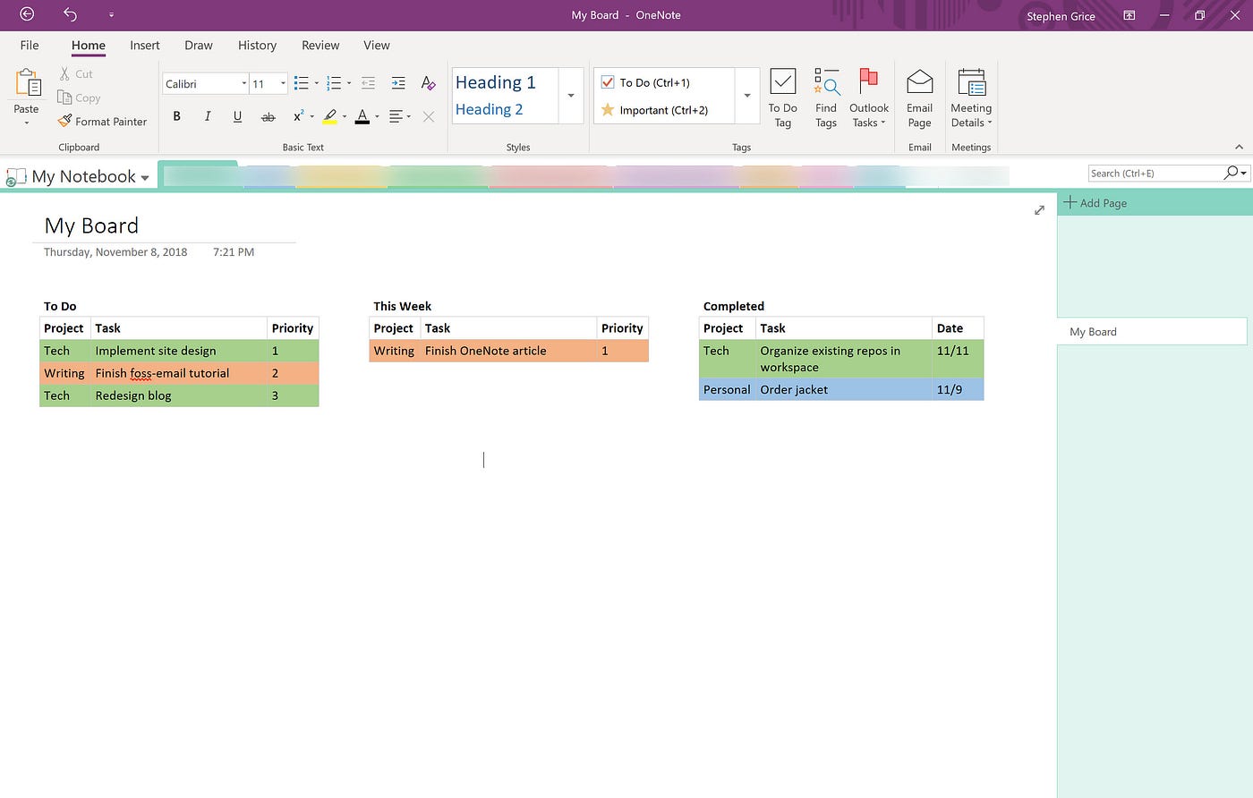 kanban board in onenote