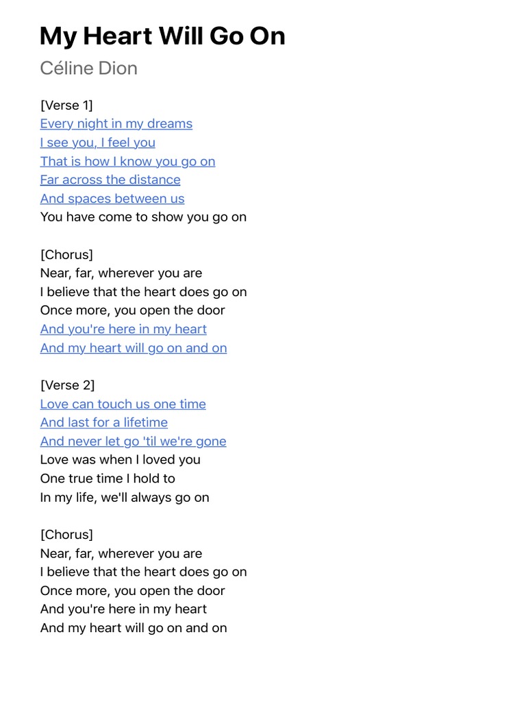lyrics for celine dion songs