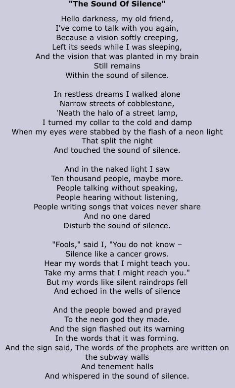 lyrics the sound of silence simon and garfunkel