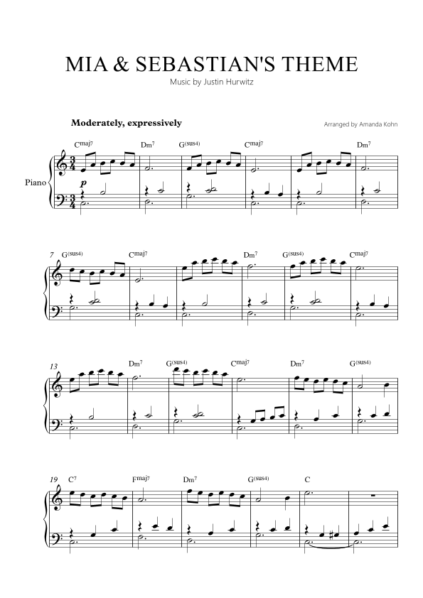 mia & sebastians theme piano sheet music